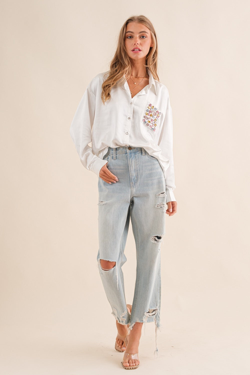 Satin Jewel Pocket Blouse