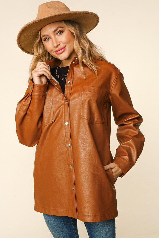 Faux Leather Snap Button Down