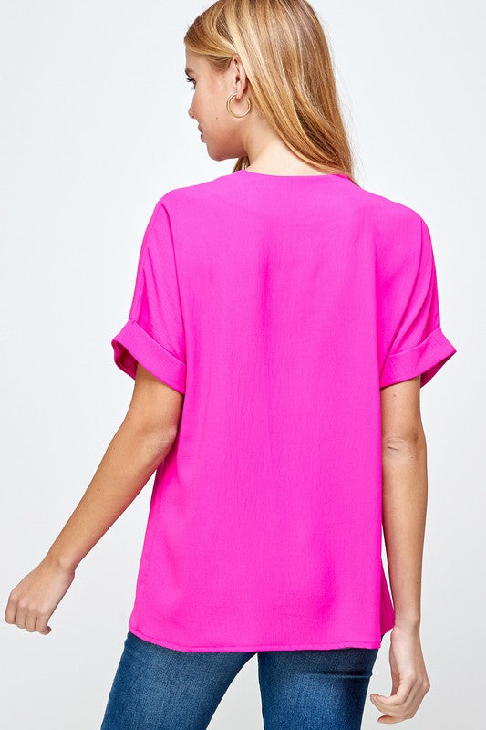 Fuchsia Short Sleeve V Neck Shirt