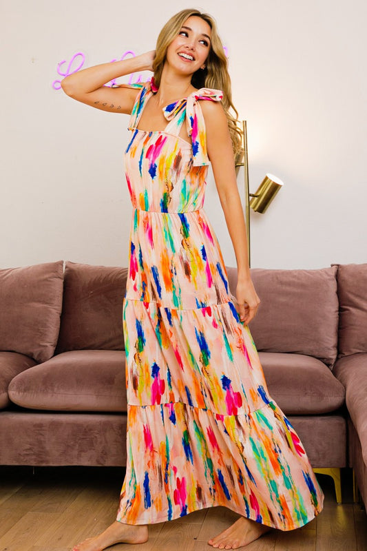 Paint Print Shoulder Tie Maxi Dress