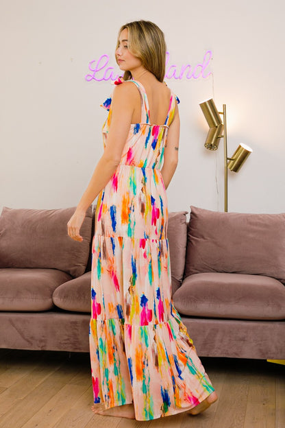 Paint Print Shoulder Tie Maxi Dress