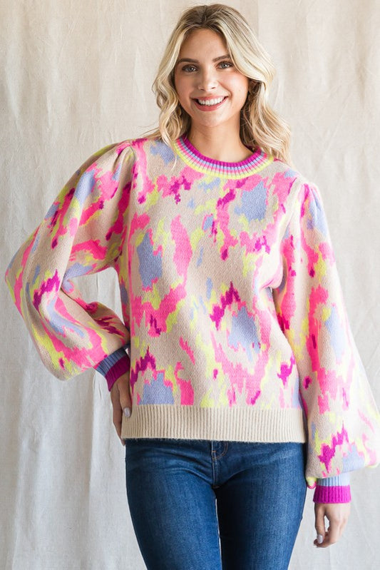 Abstract Print Knit Balloon Pullover