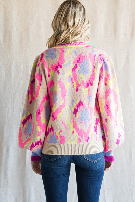 Abstract Print Knit Balloon Pullover