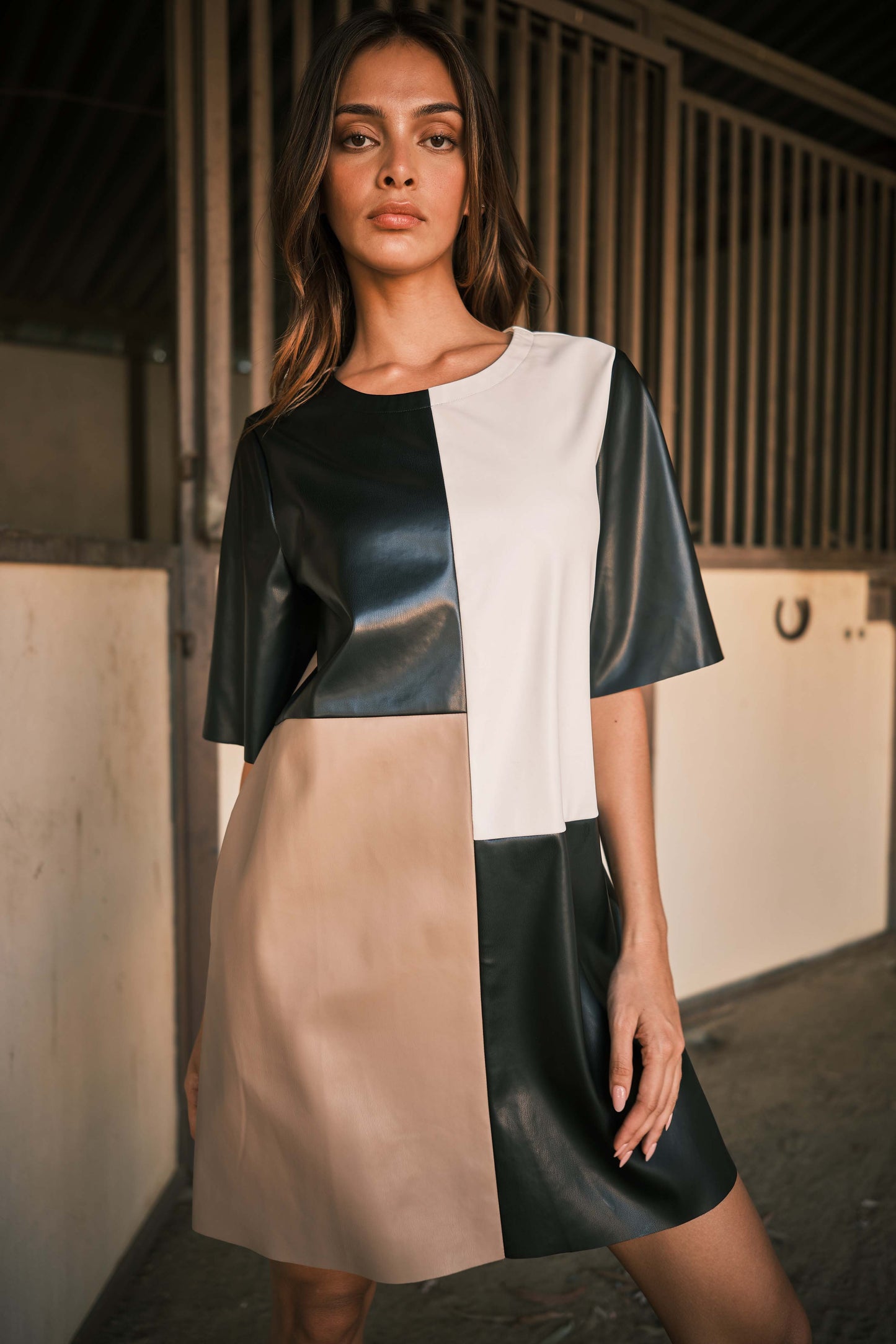 Leather Color Block Dress