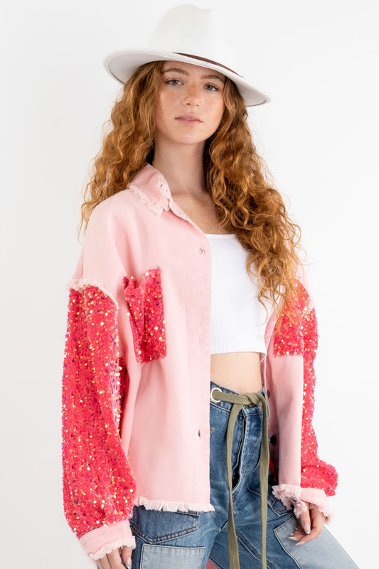 Pink Denim Velvet Sequin Sleeve Oversized Shacket