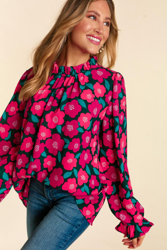 Frilled Mock Neck Floral Top