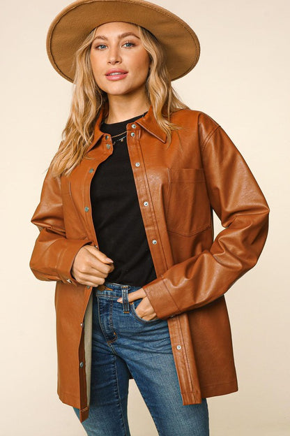 Faux Leather Snap Button Down