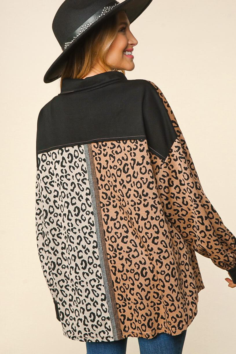 Leopard Knit Color Block Pullover