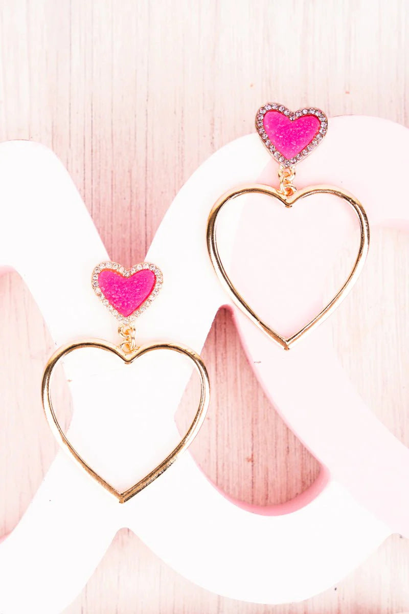 Fuchsia and Gold Heart Earrings