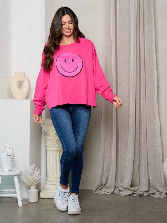 Fuzzy Smiley Face Graphic Sweater