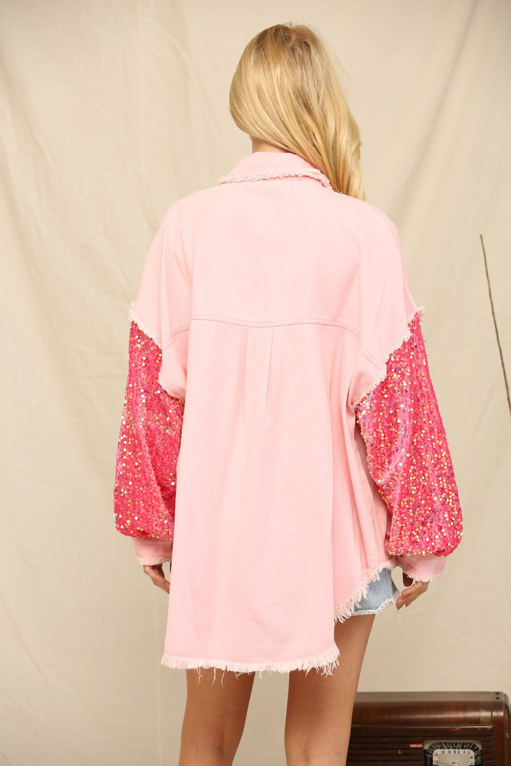 Pink Denim Velvet Sequin Sleeve Oversized Shacket