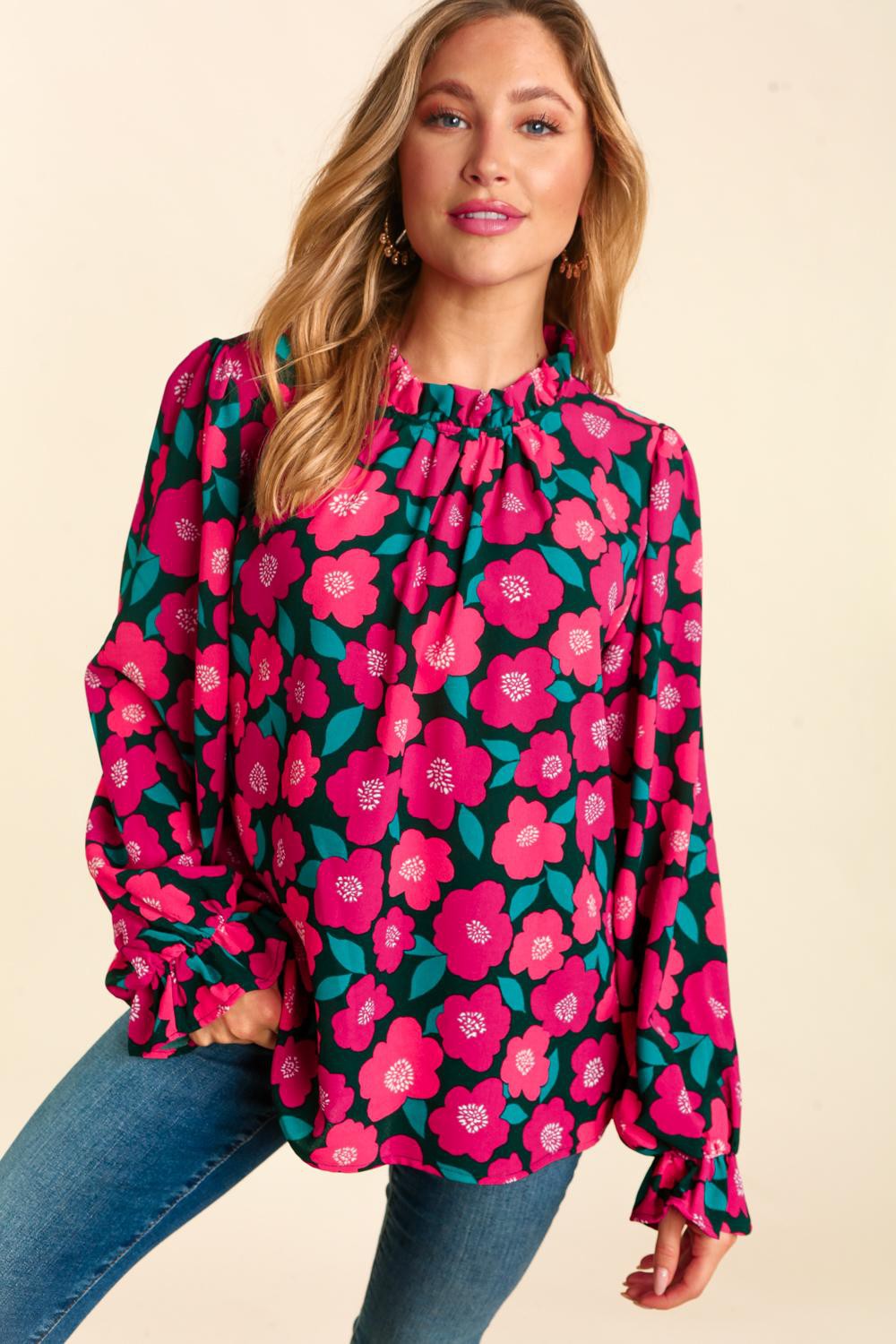 Frilled Mock Neck Floral Top